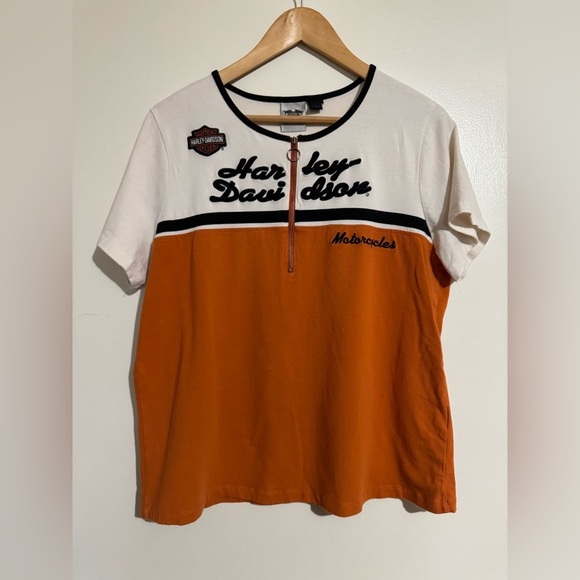 Harley-Davidson Tops - Harley-Davidson Motorcycle shirt Orange and Cream Tee 1W half zip